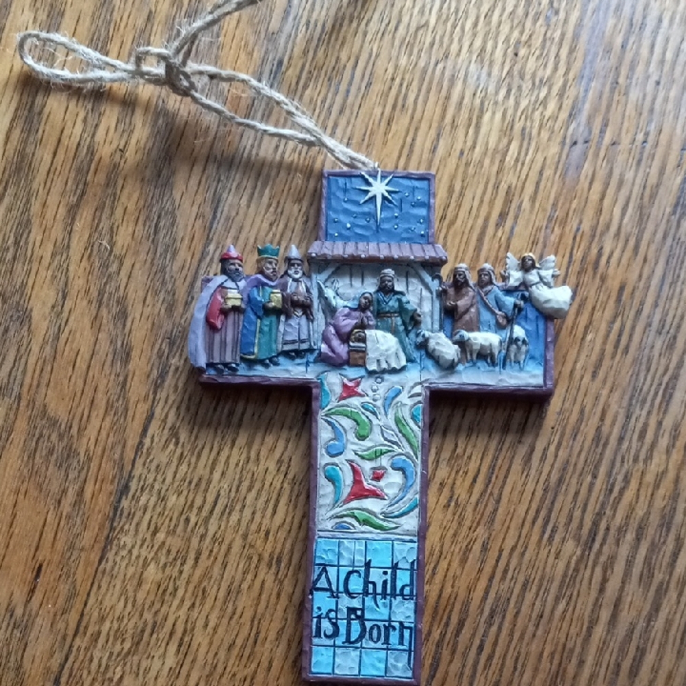 Jim Shore Nativity Cross Ornament - Blue and Brown